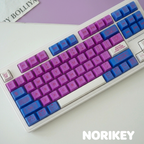 Purple pink gradient keycaps on full-size mechanical keyboard – Cherry profile, color-changing ABS, UV printed