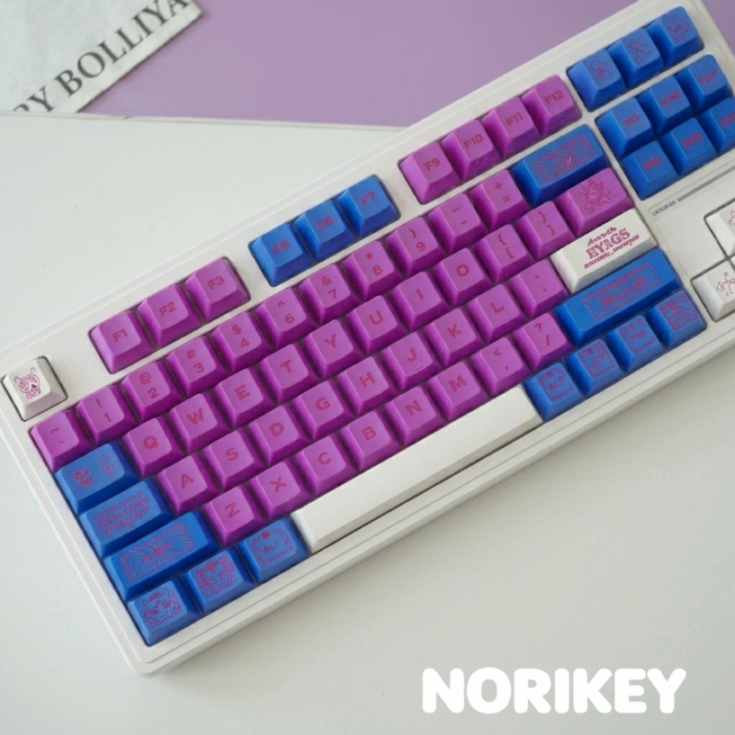Purple pink gradient keycaps on full-size mechanical keyboard – Cherry profile, color-changing ABS, UV printed