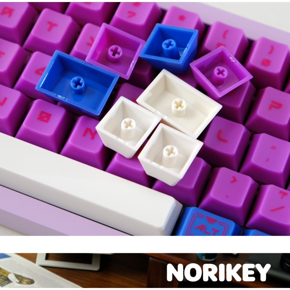 Close-up of purple pink ABS keycaps – Cherry profile UV printed legends thermochromic color shift detail