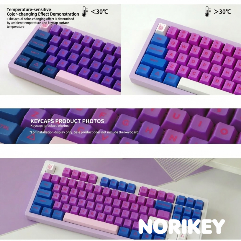 Thermochromic keycaps color change comparison – below 30°C purple blue vs above 30°C pink lavender Cherry profile