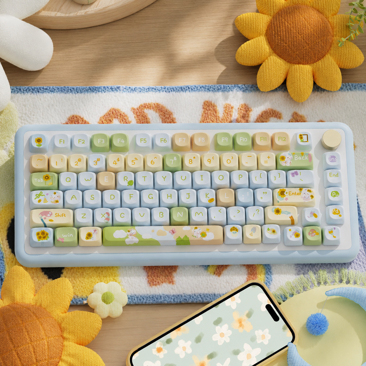 theme PBT keycaps on a custom mechanical keyboard