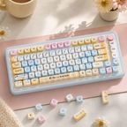 112-key cute keycap set with pastel blue and yellow colors