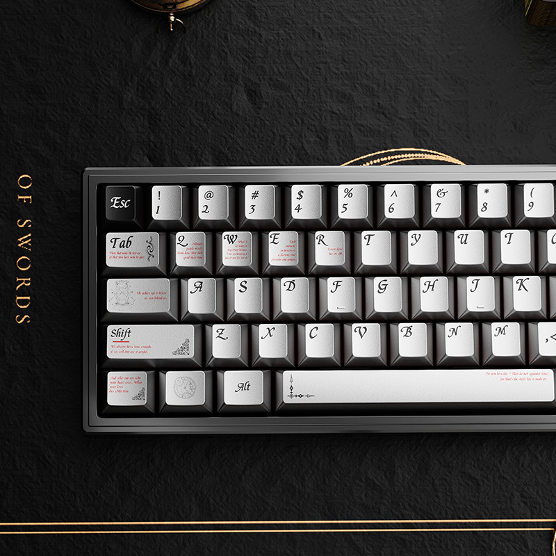 Gray metal style keycaps on a compact mechanical keyboard