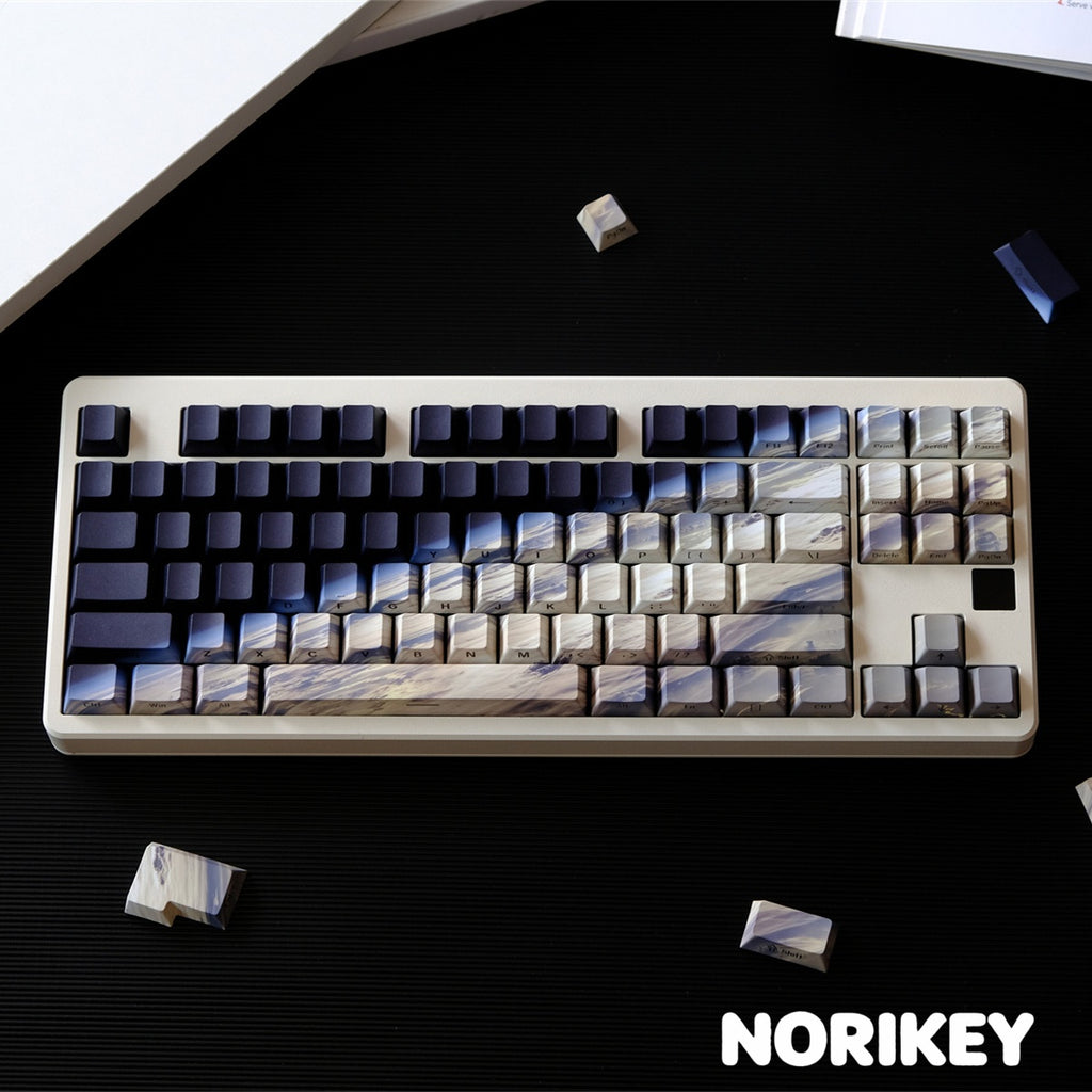 Close-up of Earth-themed side-printed PBT keycaps with dye-sublimated legends and Cherry profile