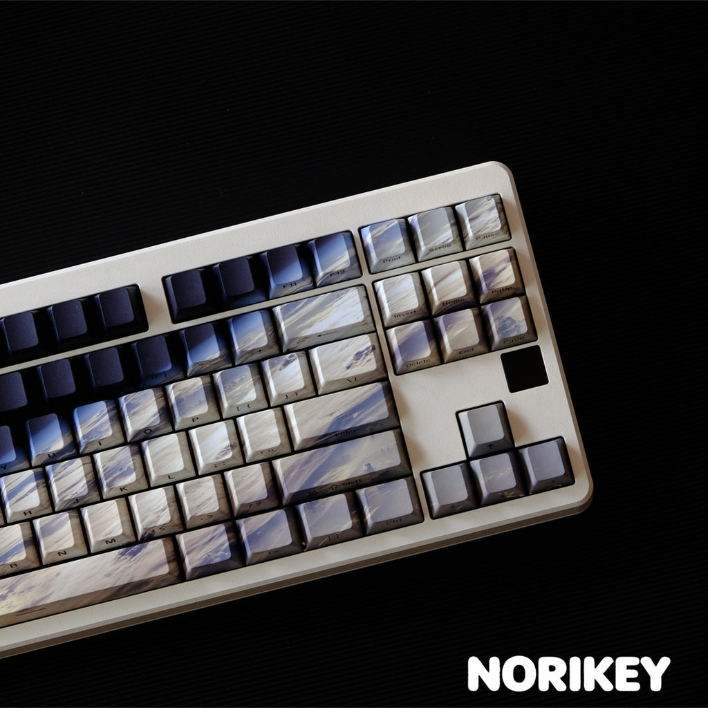 Earth side-printed PBT keycap set displayed on a mechanical keyboard