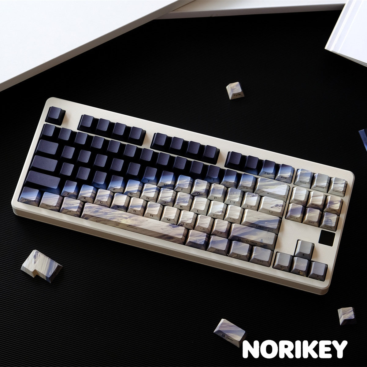 Earth-themed side-printed PBT keycap set in blue, green and white, featuring Cherry profile keycaps for mechanical keyboards