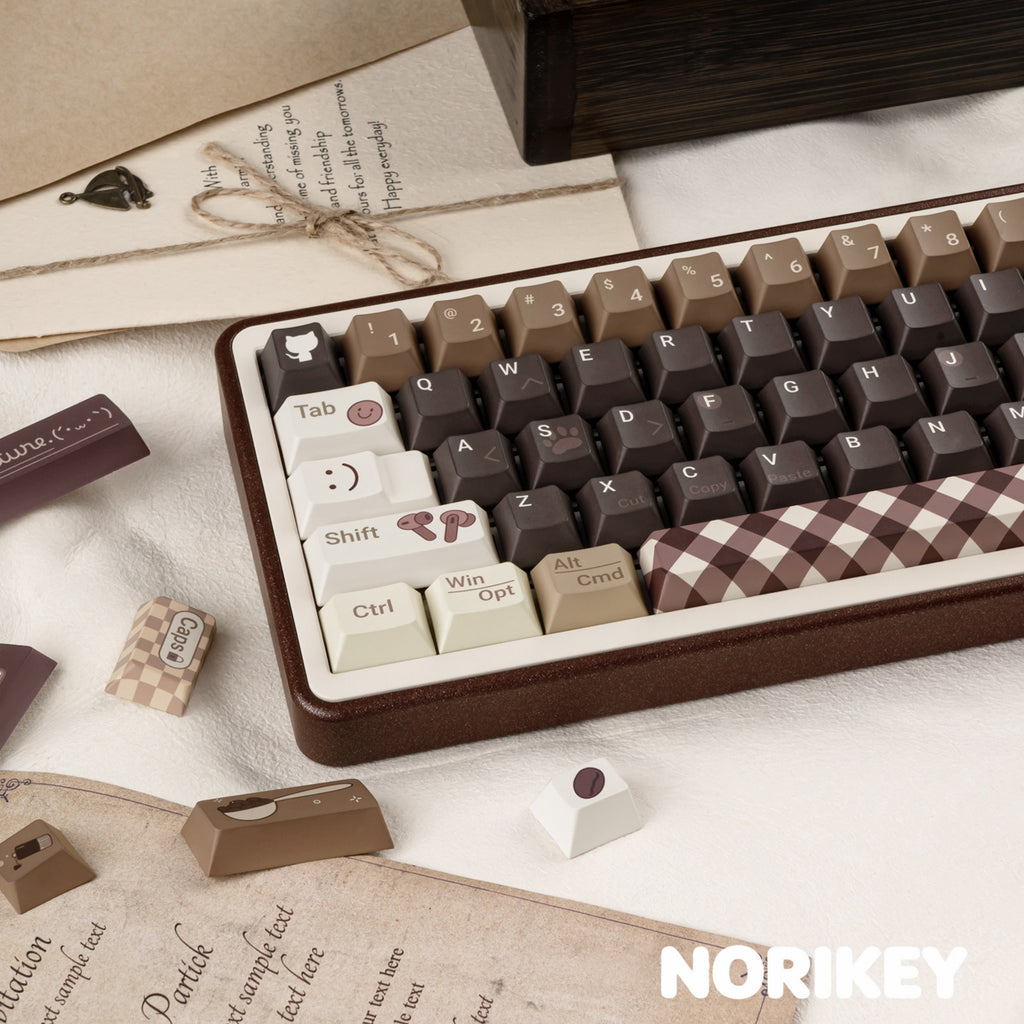 Detailed left cluster view of Programmer Coffee dye-sublimated PBT novelty keycaps