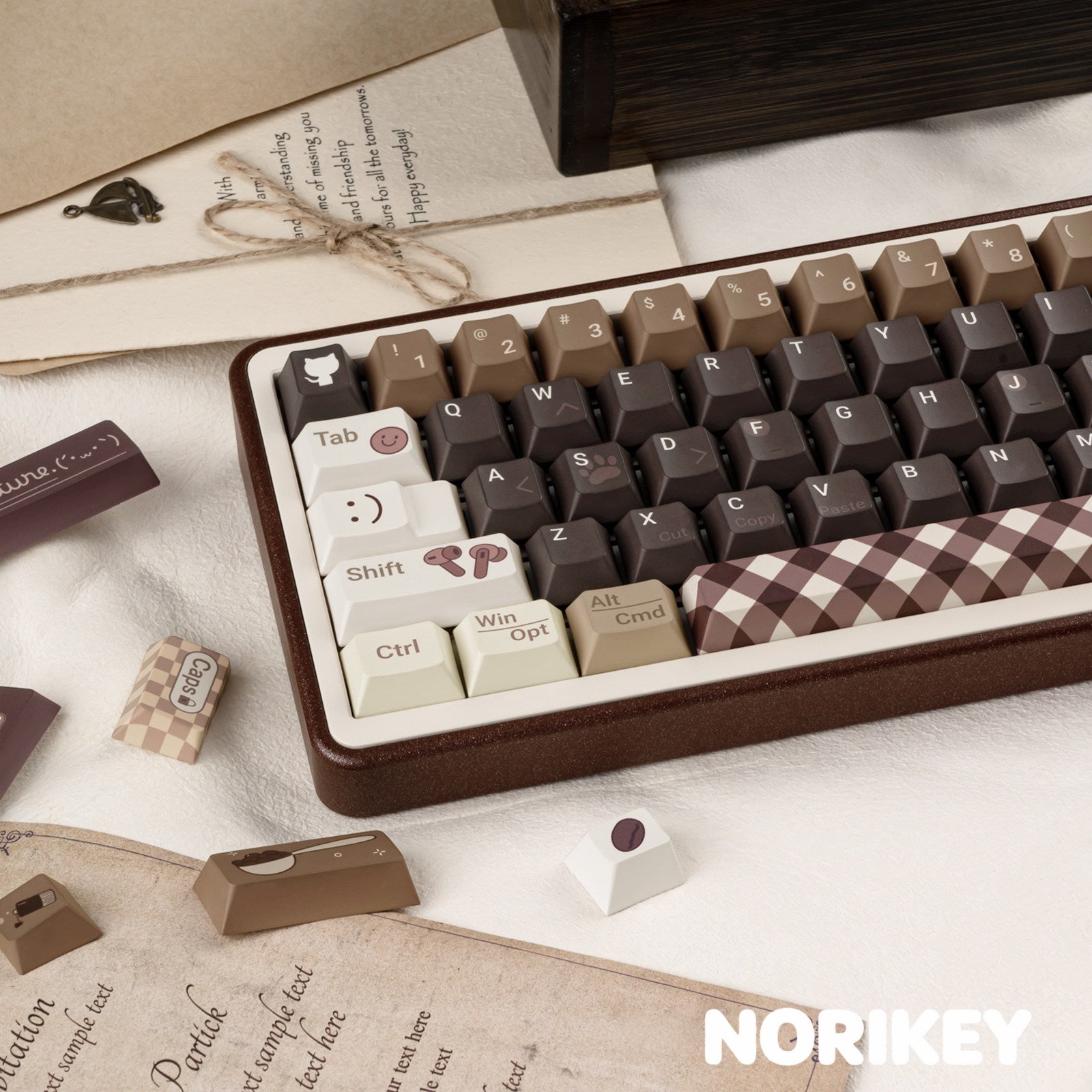 Detailed left cluster view of Programmer Coffee dye-sublimated PBT novelty keycaps