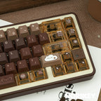Close-up shot of amber transparent PC modifier keys with custom coffee icons