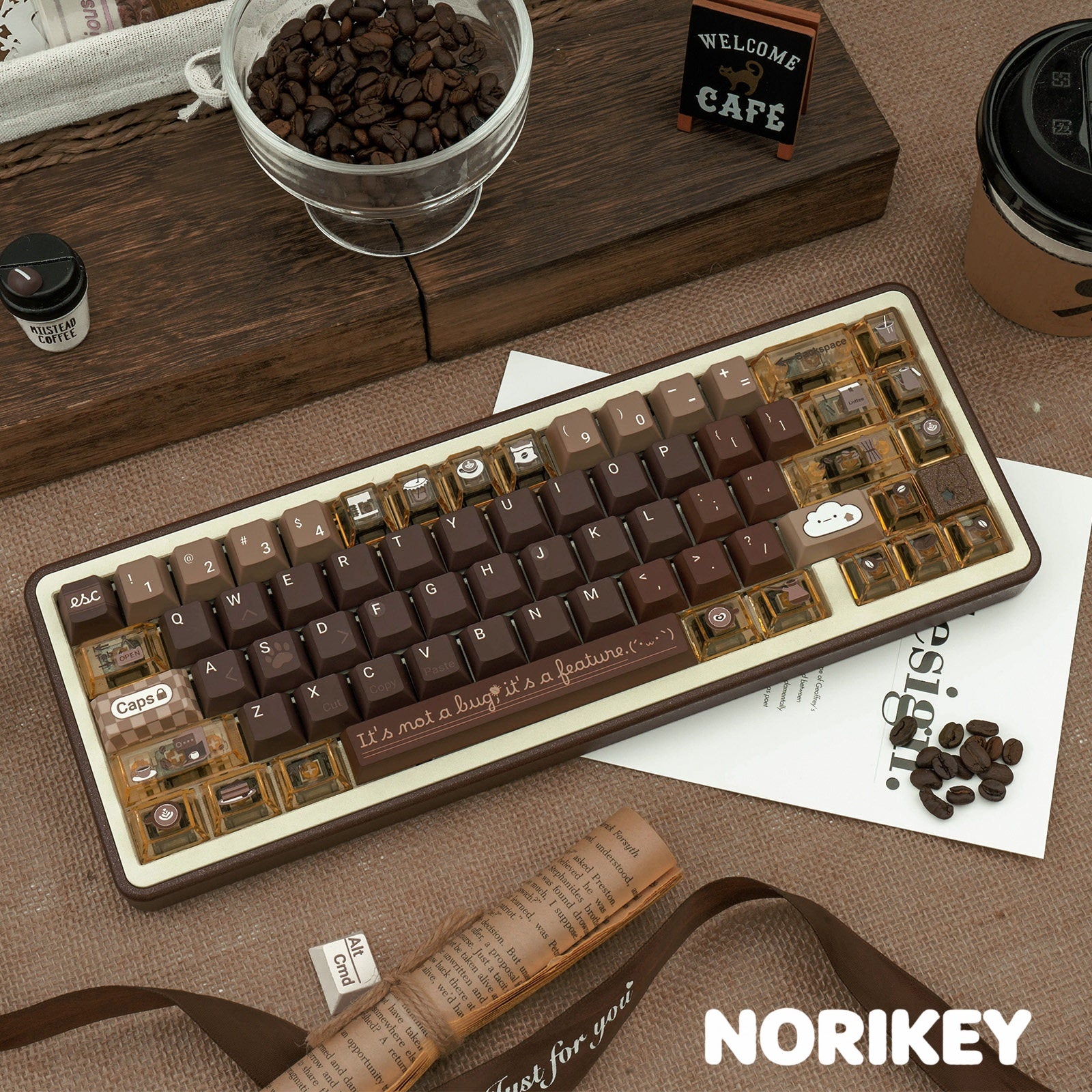Programmer Coffee theme PBT keycaps with transparent PC accent keys on mechanical keyboard