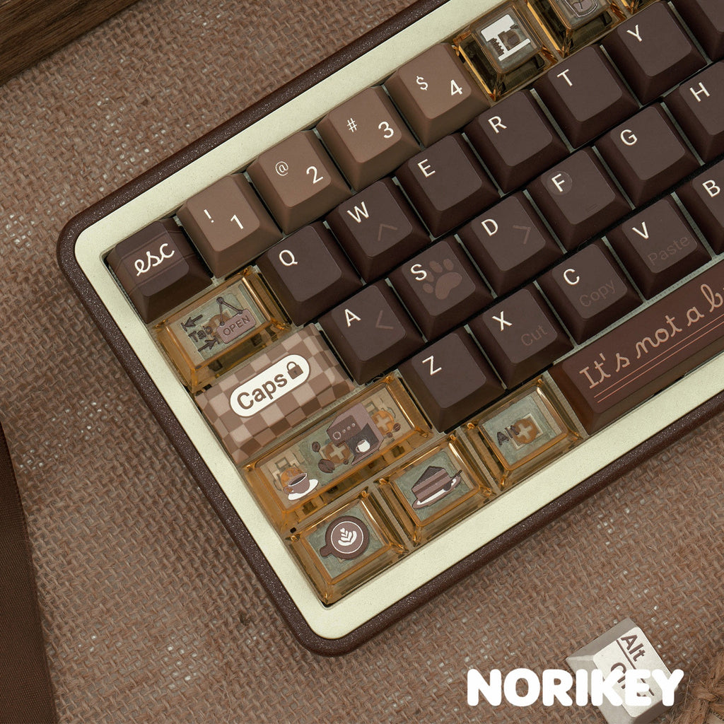 Angled detail of semi-translucent PC Esc and Tab keycaps on Programmer Coffee set