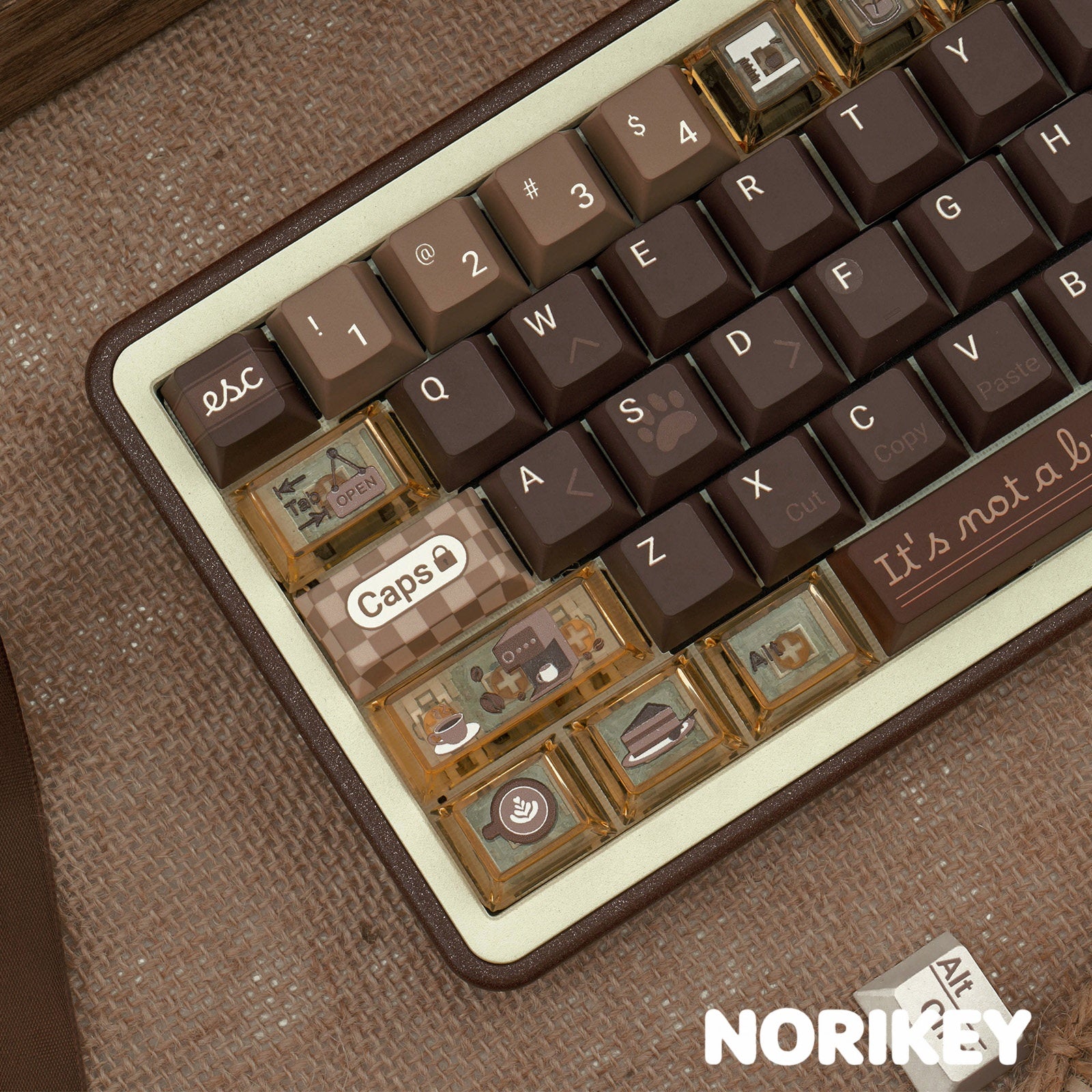 Angled detail of semi-translucent PC Esc and Tab keycaps on Programmer Coffee set