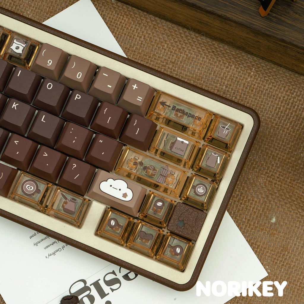 Close-up of coffee-themed novelty spacebar and transparent accent modifier keys