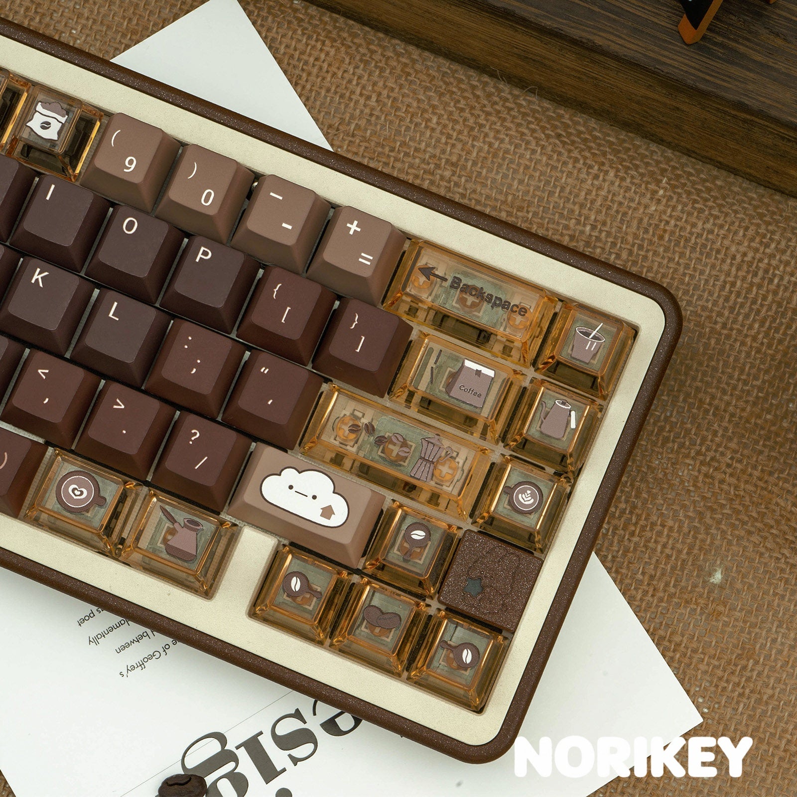 Close-up of coffee-themed novelty spacebar and transparent accent modifier keys