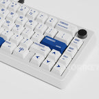 Angled close-up of blue enter key and arrow keys of Zelda theme OEM profile keycap set