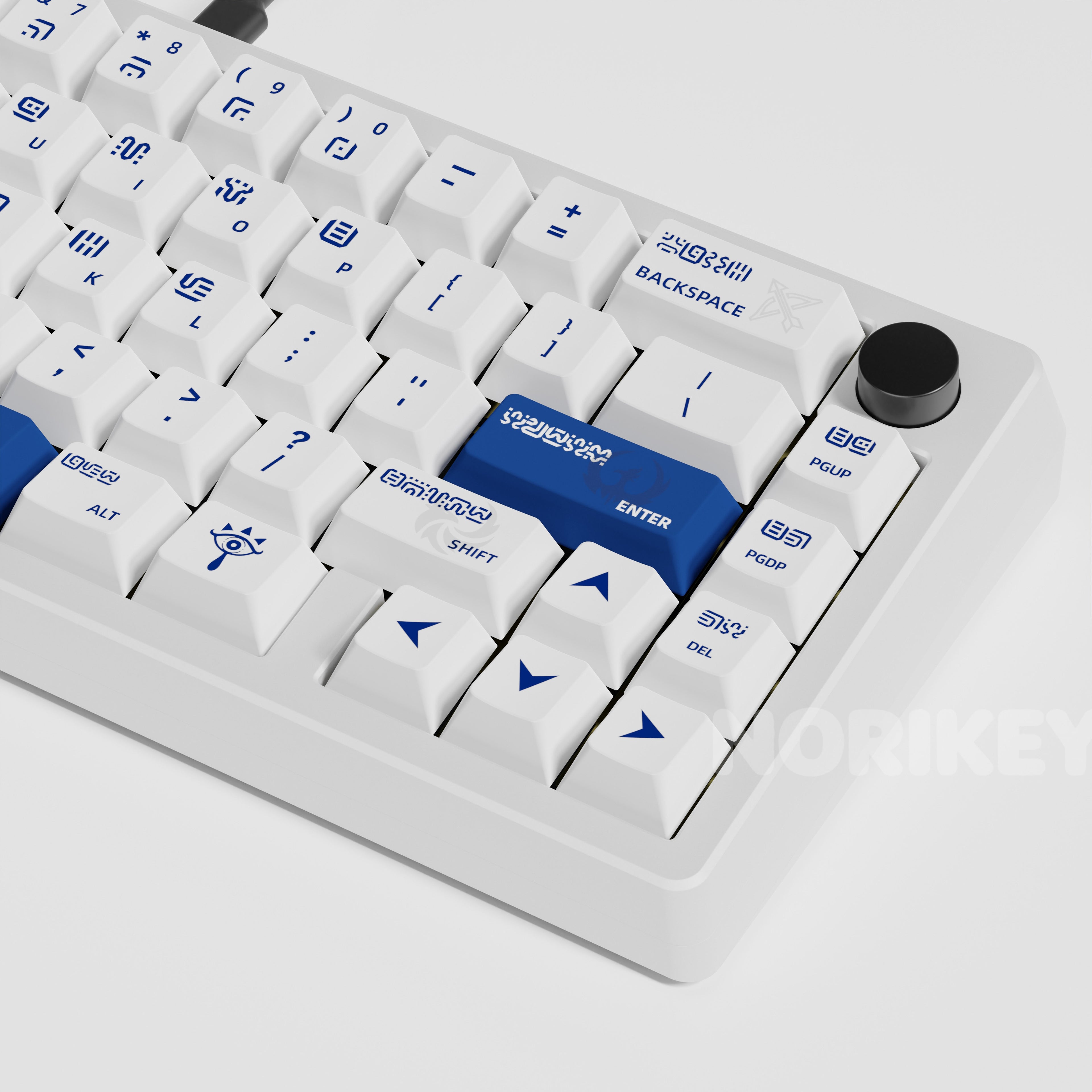 Angled close-up of blue enter key and arrow keys of Zelda theme OEM profile keycap set