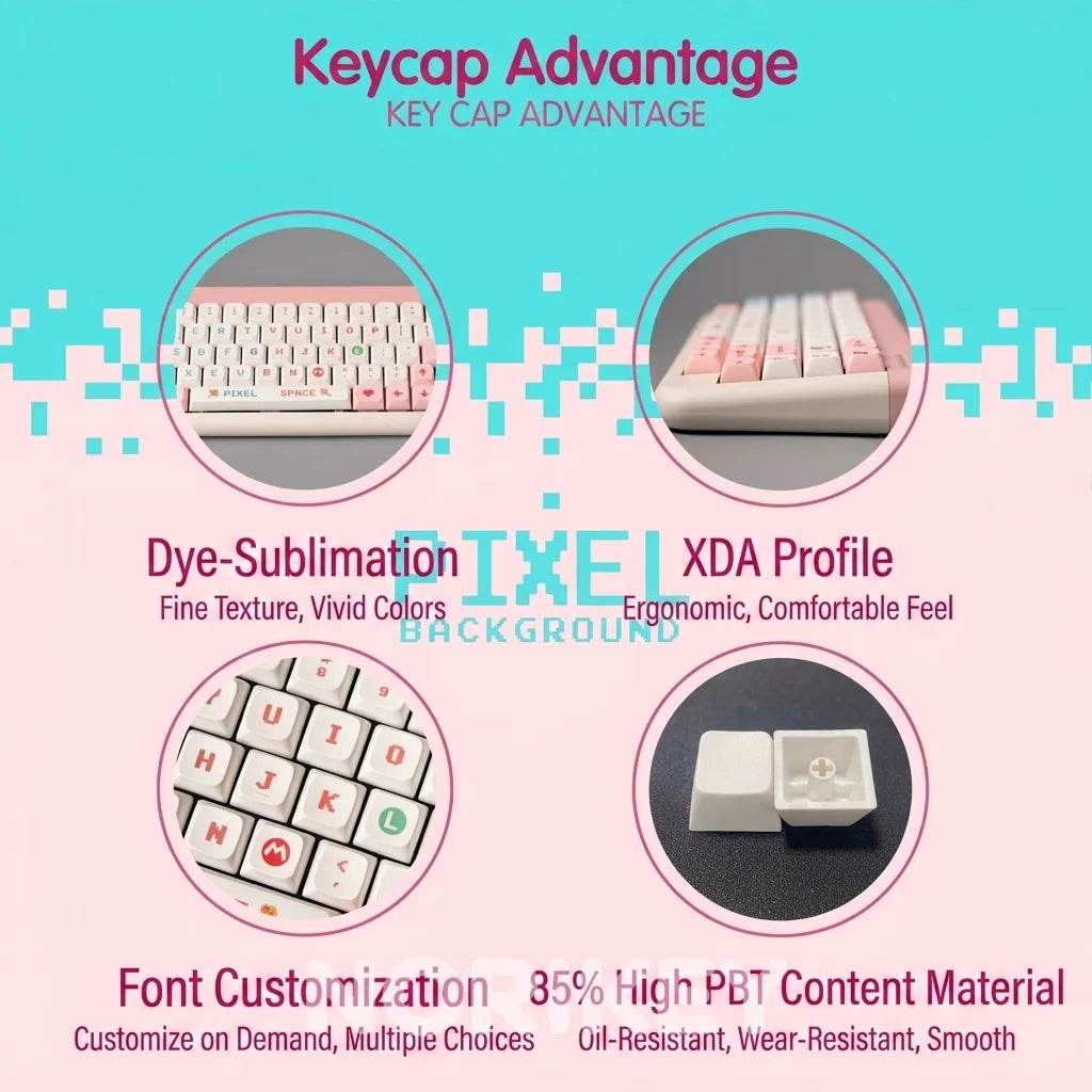 Pixel Art PBT Keycap Set — XDA Profile Dye-Sub, Pink & White, 134 Keys