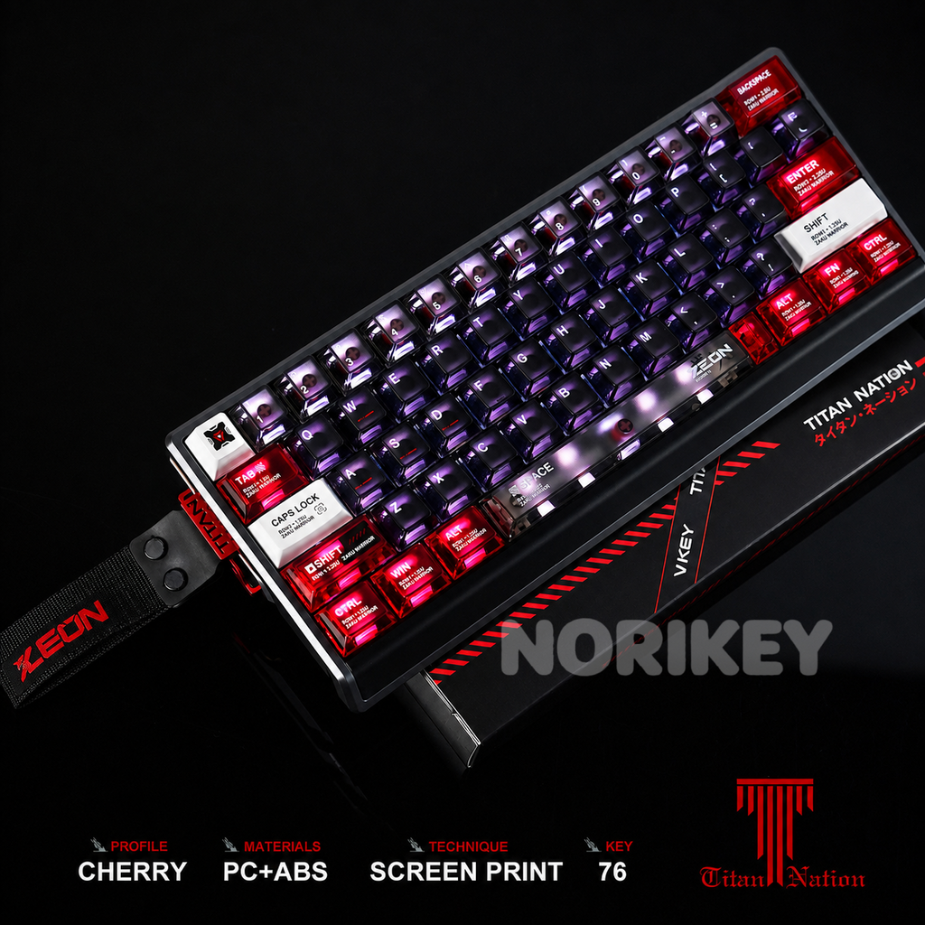 Red and black translucent keycaps on a compact mechanical keyboard