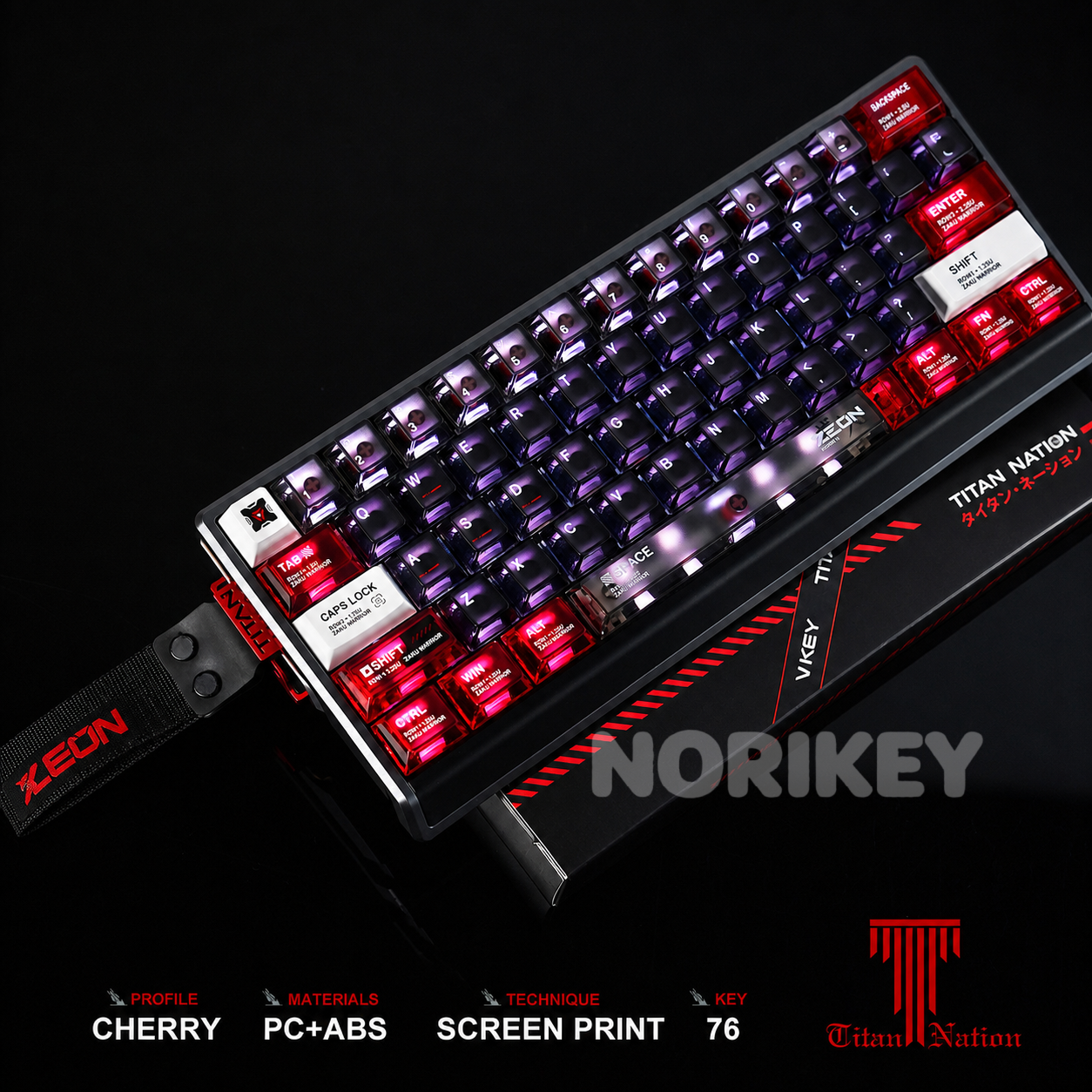 Red and black translucent keycaps on a compact mechanical keyboard
