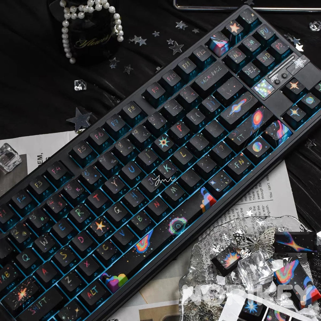 Black Galaxy Keycaps | Side-Printed 1.7mm Thick PBT Cyberpunk Set (130 Keys)