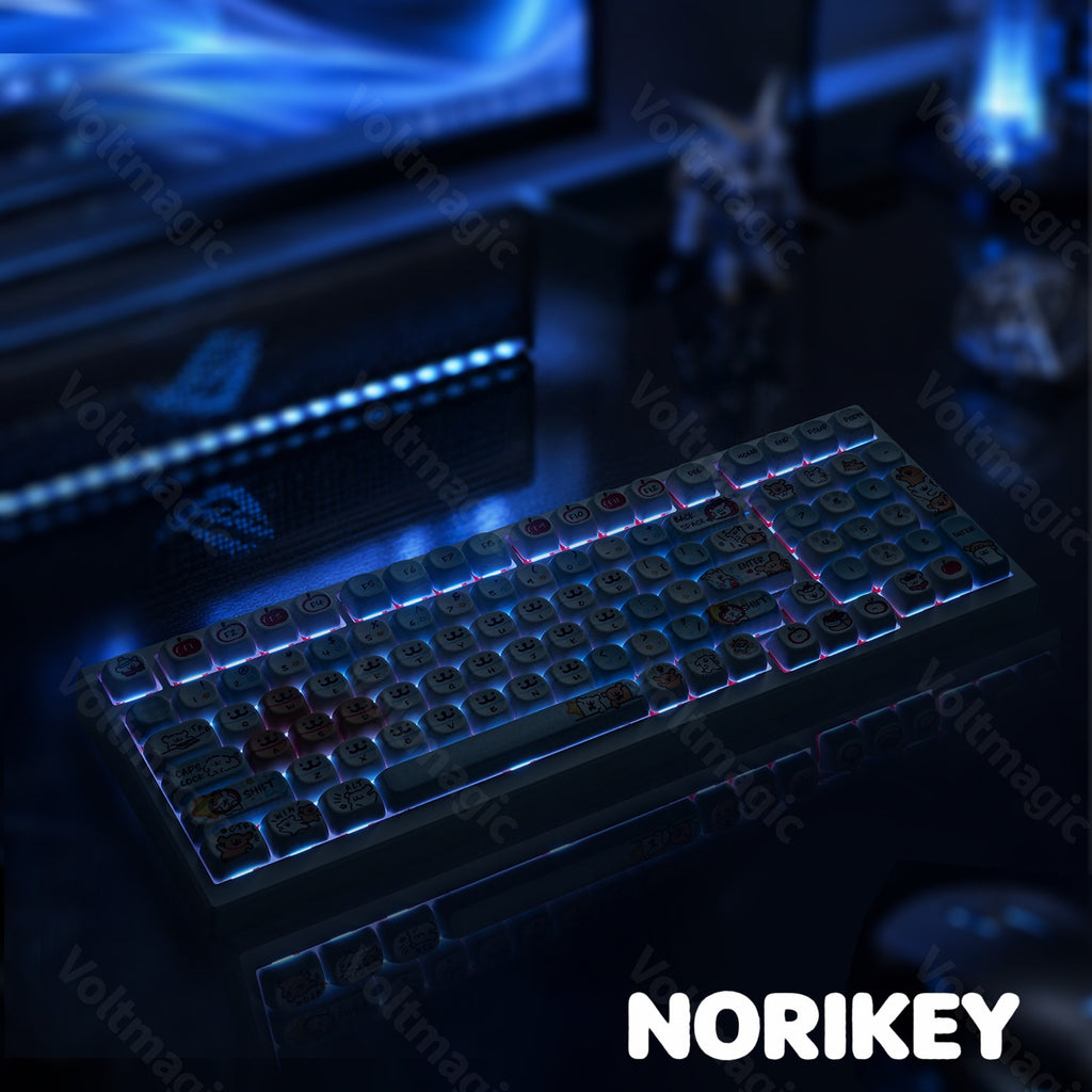 Cute Dog Keycaps on a Mechanical Keyboard with Blue RGB Backlighting, Featuring Kawaii Puppy Designs and Cartoon Dog Faces