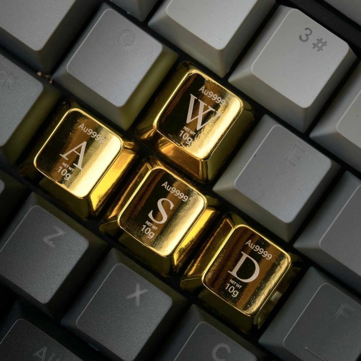 Custom gold metal keycaps with personalized laser engraving for mechanical keyboards