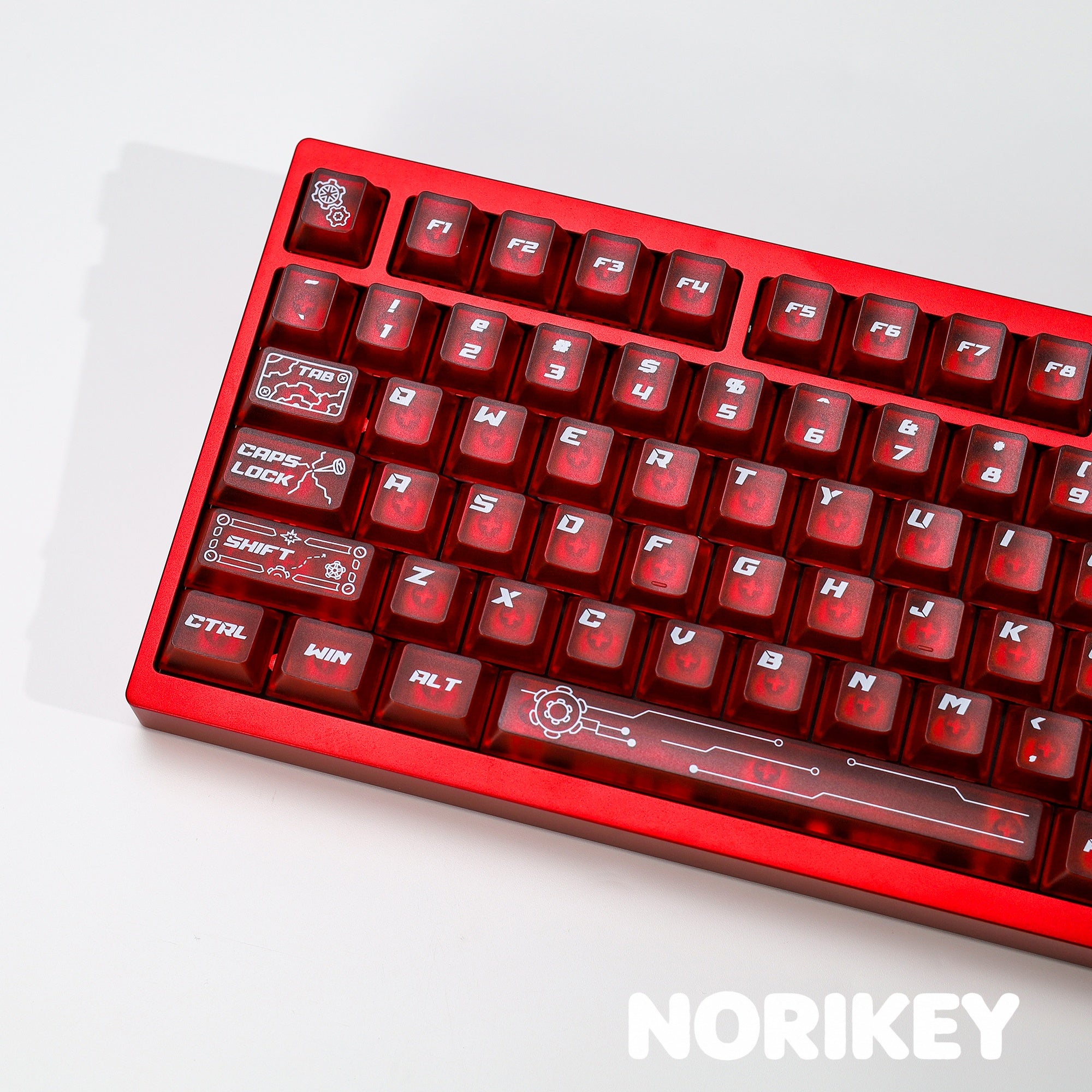 Red translucent keycaps angled view – shine through Cherry profile keycap set