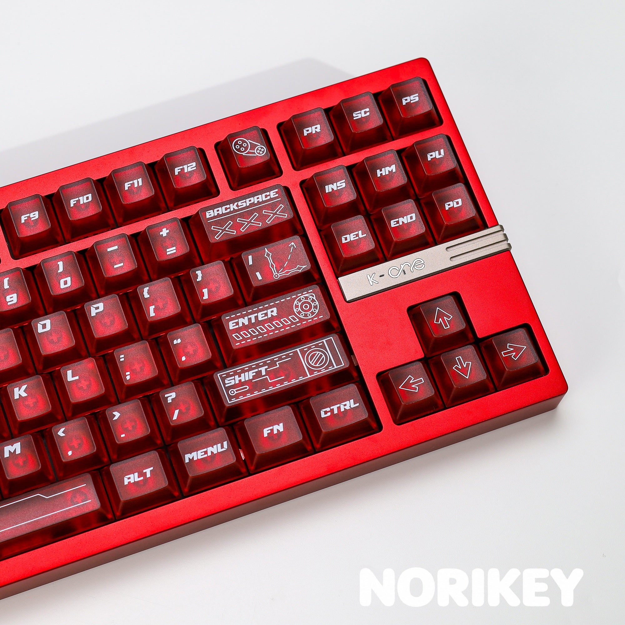Backlit red keycaps close-up – UV printed legends Cherry profile shine through mechanical keyboard