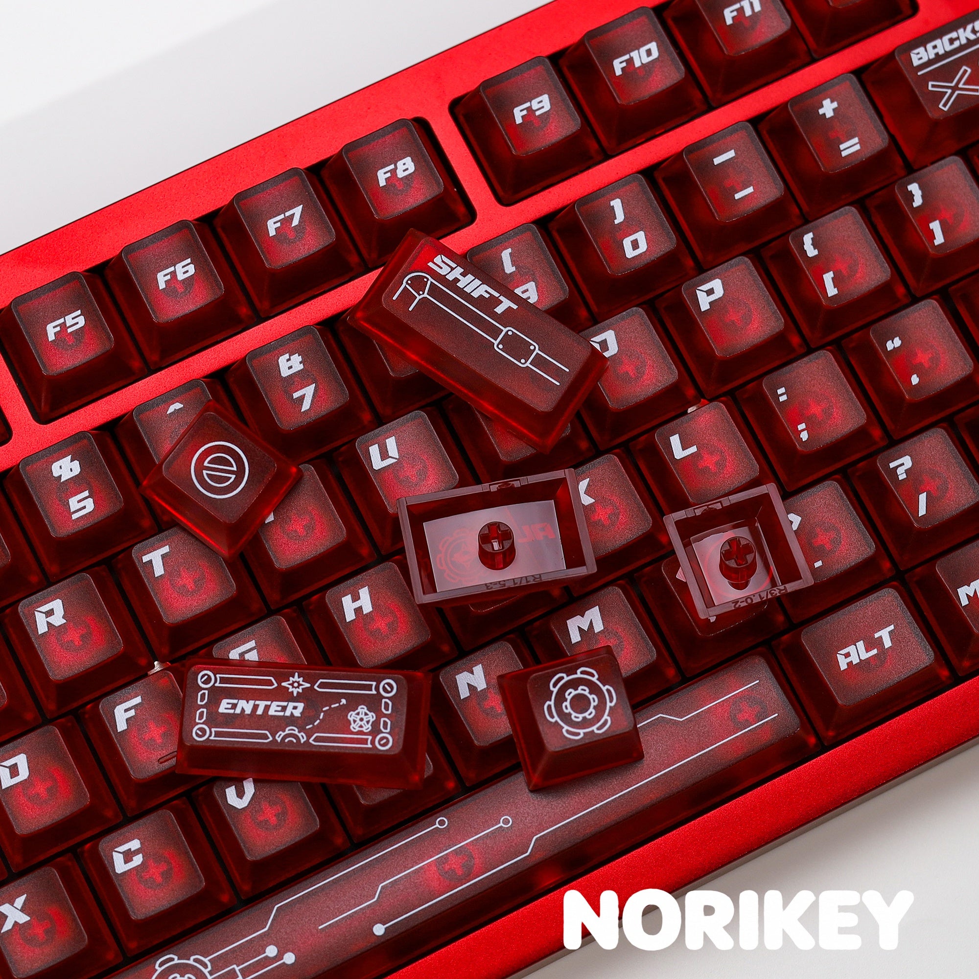 Red and black keycaps scattered – 140-key Cherry profile shine through keycap set UV printing