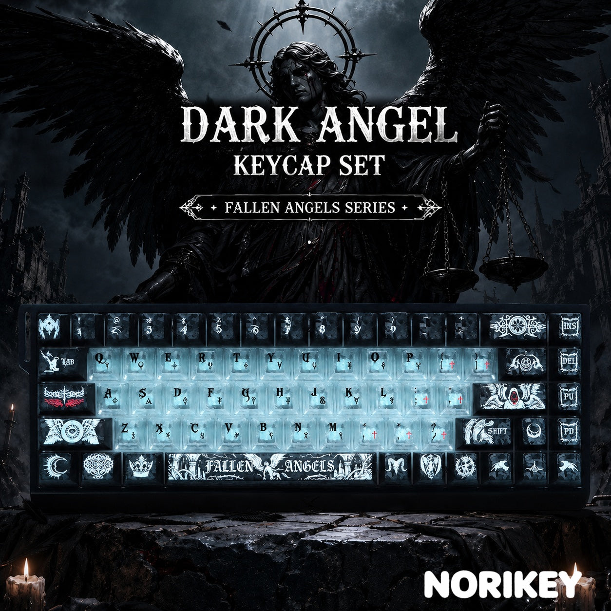 Dark Angel gothic shine-through keycaps 136-key set on backlit mechanical keyboard