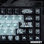 Close-up of UV-printed shine-through gothic legends on Dark Angel PC keycaps