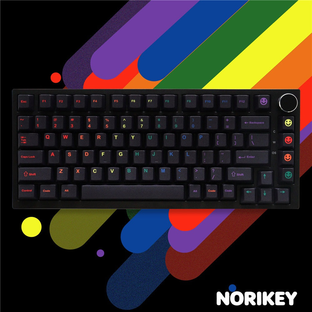 Midnight Rainbow PBT keycap set full layout with gradient rainbow colorway on black keycaps