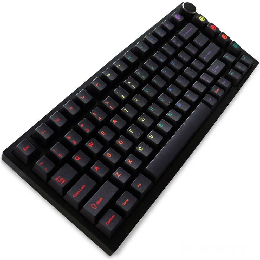 Close-up of dye-sublimated legends on Midnight Rainbow PBT keycaps with gradient color detail
