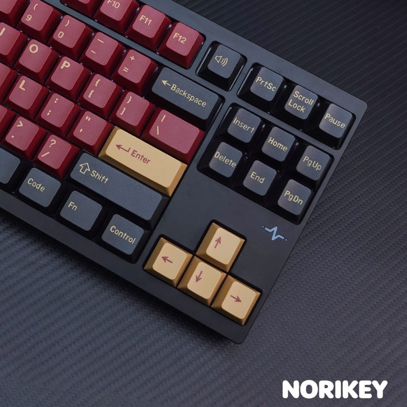 Close-up of double-shot legends on Crimson Knight PBT keycaps showing red and gold color contrast