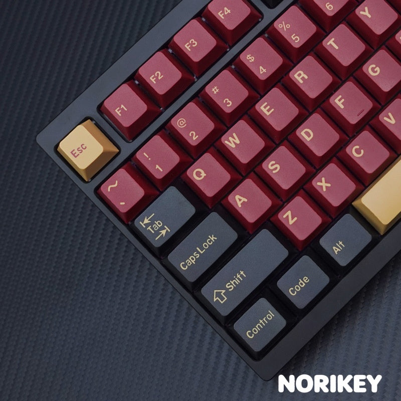 Crimson Knight keycaps installed on MX switch mechanical keyboard with bold red and gold accent keys