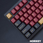 Crimson Knight keycaps installed on MX switch mechanical keyboard with bold red and gold accent keys