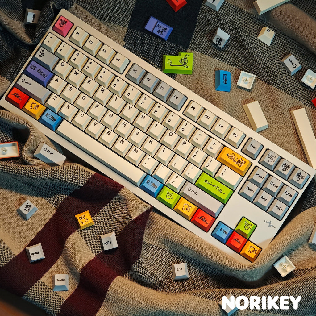 Rubber Hose Toon PBT keycap set 143 keys with colorful cartoon character legends on white keycaps