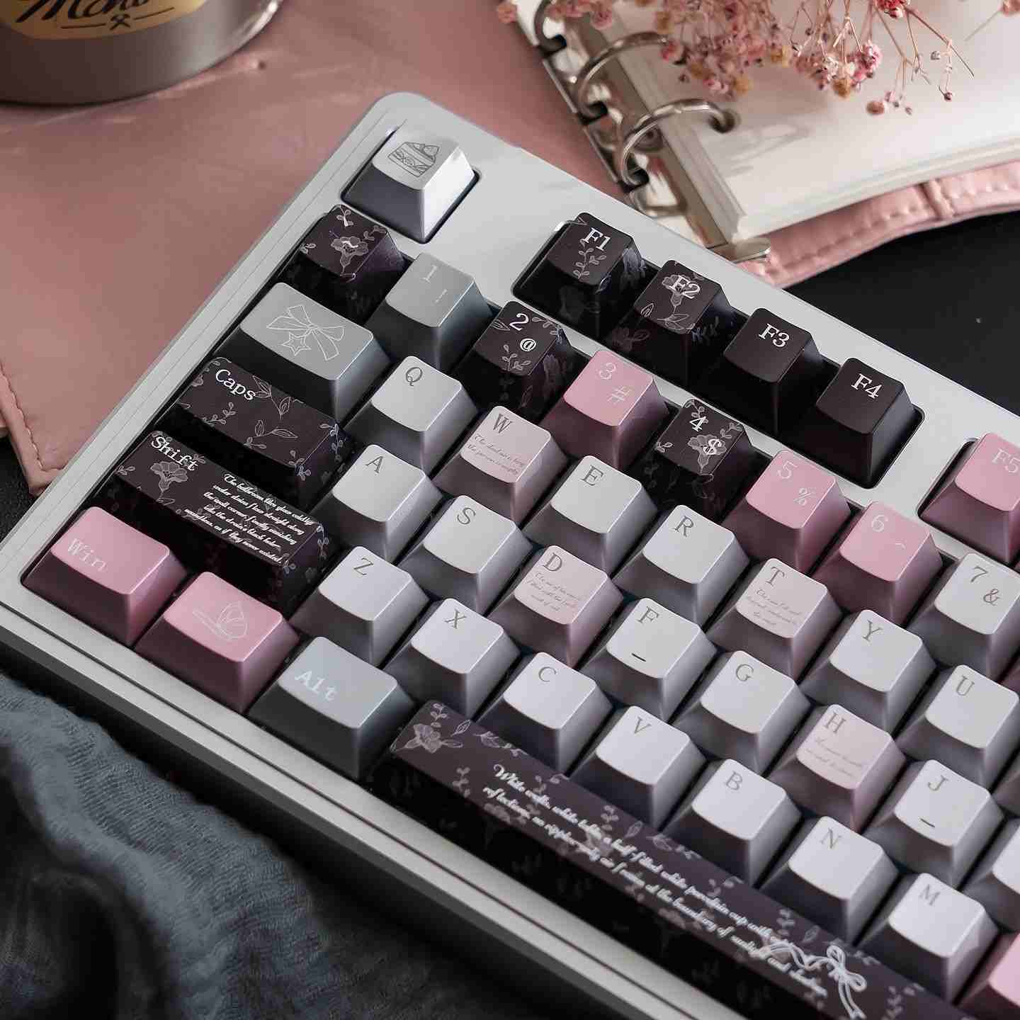 Black Pink Metallic PBT Keycaps — Pearlescent Pink & Butterfly | Sublimation Set
