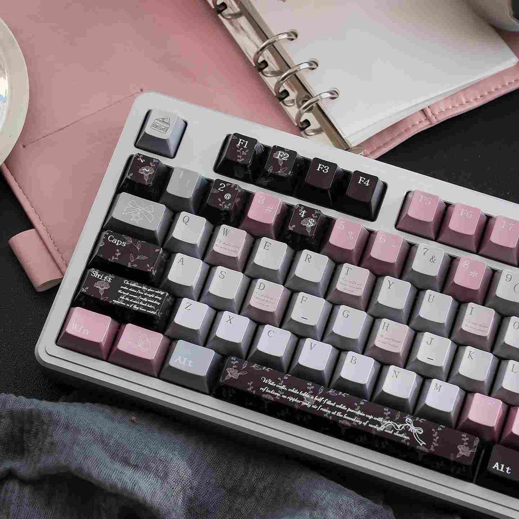 Black Pink Metallic PBT Keycaps — Pearlescent Pink & Butterfly | Sublimation Set