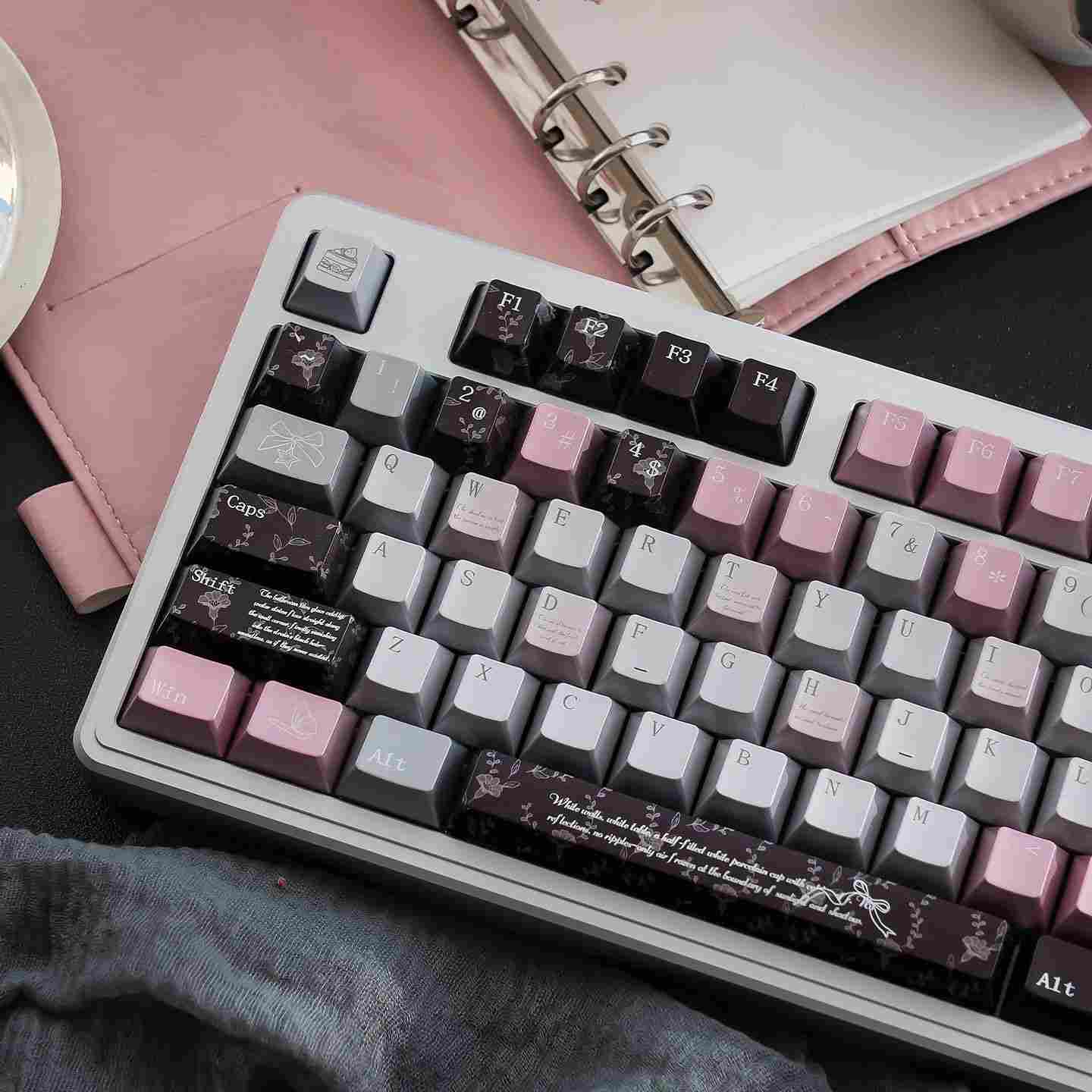 Black Pink Metallic PBT Keycaps — Pearlescent Pink & Butterfly | Sublimation Set