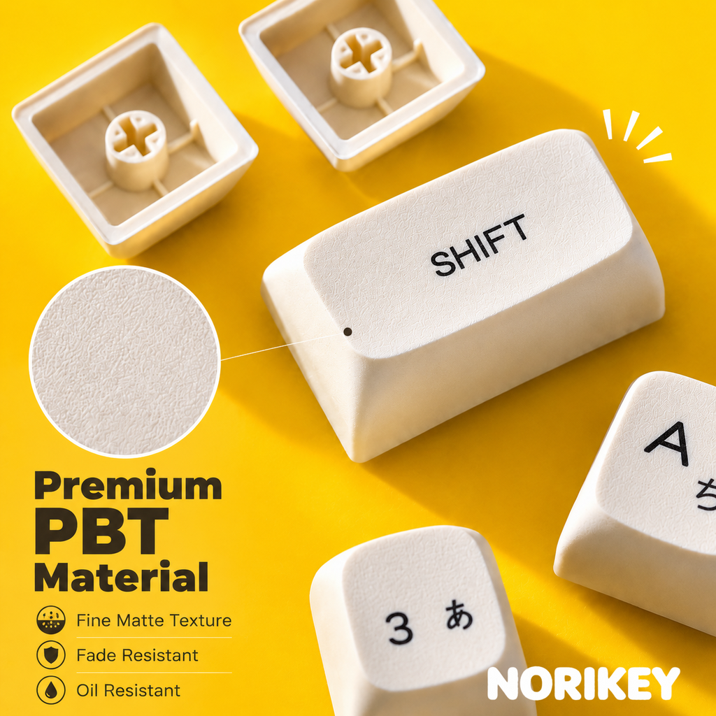 Premium PBT material keycap set by Norikey showing thick dye-sub Cherry profile keycaps with kawaii design