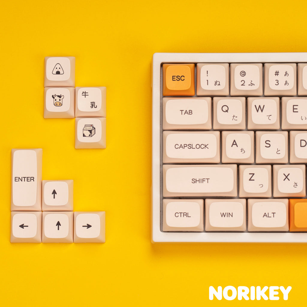 Cherry profile cute keycaps close-up showing sculpted row height and yellow honey milk colorway by Norikey