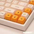 Macro detail of Cherry profile PBT keycap showing five-side dye-sublimation print quality and creamy beige texture