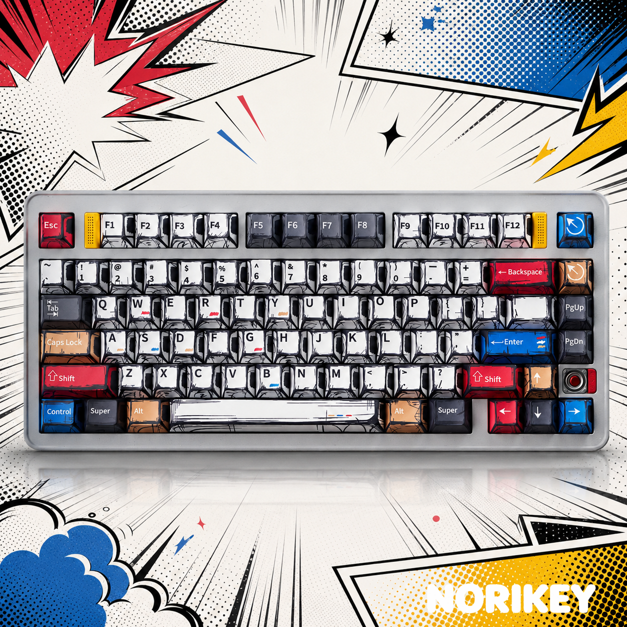 Graffiti comic style Cherry profile PBT dye-sub keycap set on mechanical keyboard with pop art background