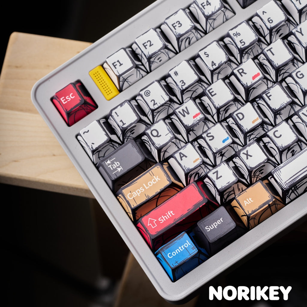 Top view of graffiti comic PBT dye-sub keycap set showing colorful modifier keys and dark base layout