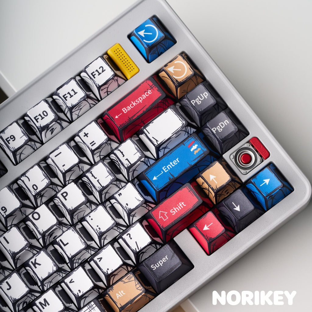 Close-up of colorful comic style modifier keycaps with red blue and yellow dye-sub legends on Cherry profile PBT
