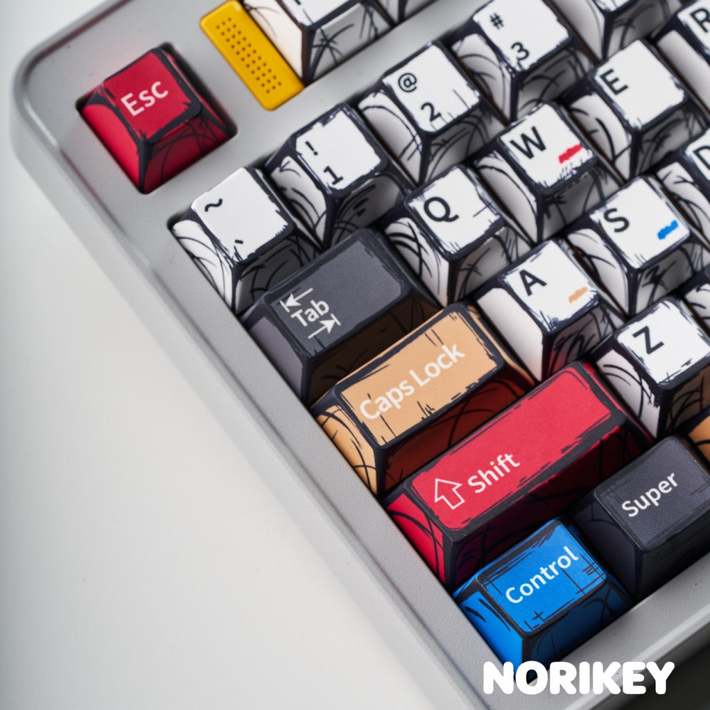 Graffiti keycaps detail showing Esc and function row with comic book style dye-sublimation printing on thick PBT