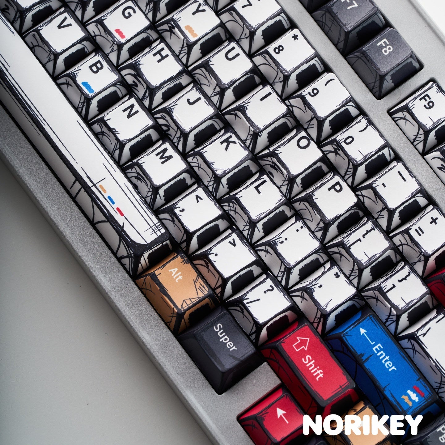 Comic keycaps Cherry profile PBT keycap set installed on mechanical keyboard side view by Norikey