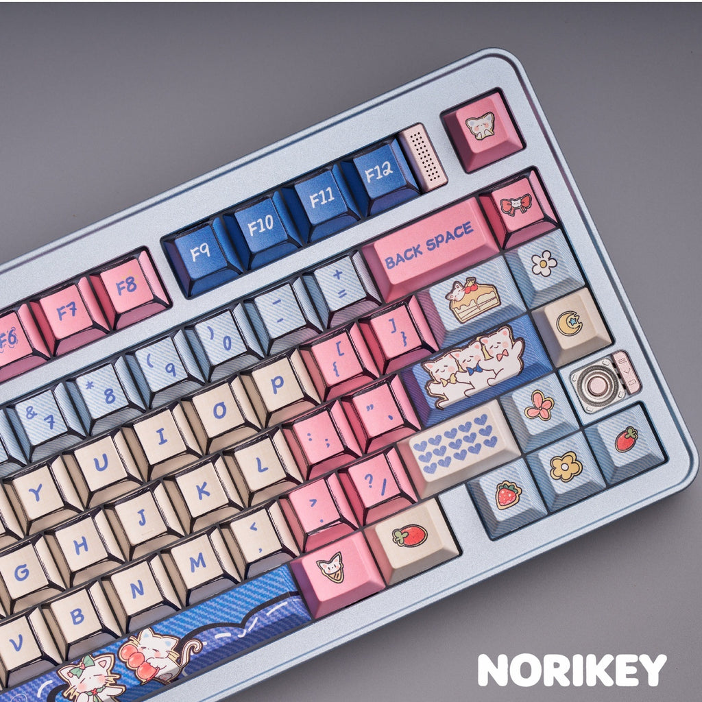 Comic Khaki Cute Cat PBT Keycaps (135-Key, Cherry Profile)