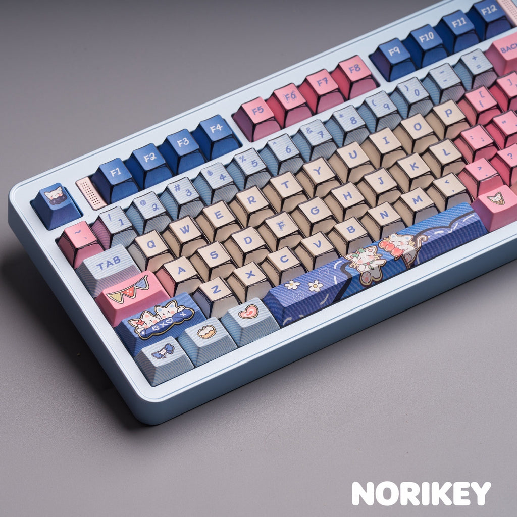 Comic Khaki Cute Cat PBT Keycaps (135-Key, Cherry Profile)